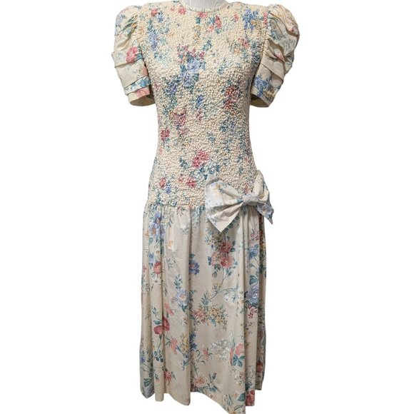 Vintage Phoebe Petites Womens Sz M? Floral Smocked Bow Puff Sleeve Cottage Dress - Picture 2 of 10